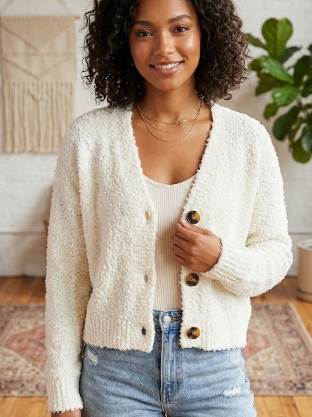 Hippie Rose Cream Bouclé Teddy Button-Front Jacket